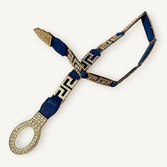 Vintage 80s Rhinestone Greek Key Blue Stretchy Belt - Picture 6 of 12